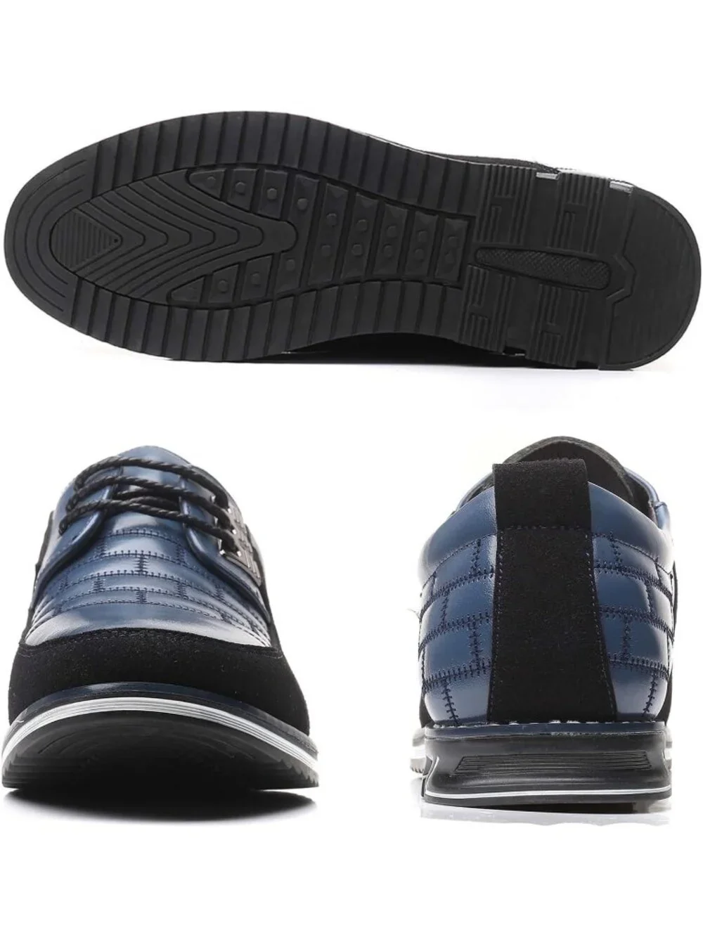 Men's Blue Plaid Grid Lace-up Leather Business Orthopedic Oxford Derby Shoes